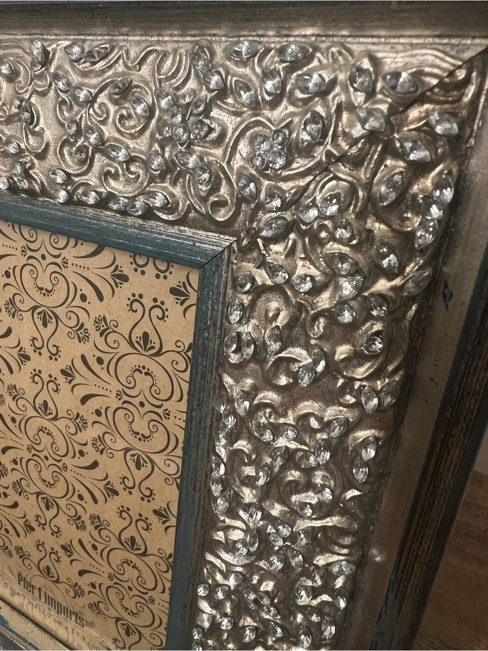 Pier 1 Silver and Teal Embossed Ornate with rhinestones Picture Frame